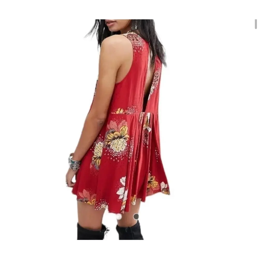 Free People Floral Sleeveless Dress M Red Yellow Boho Open Back Tie Festival